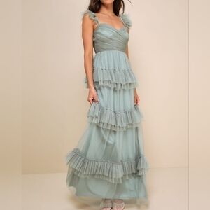 Lulus Pure Radiance Sage Brush Mesh Swiss Dot Tiered Maxi Dress sz XS